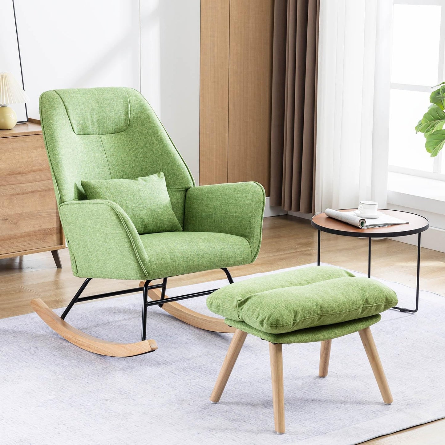 Rocking Chair with Ottoman and Pillow, Glider Rocker Chair, Accent Arm Chair Lounger for Living Room/Bedroom/Nursery, High Back, Solid Hardwood Base, Green