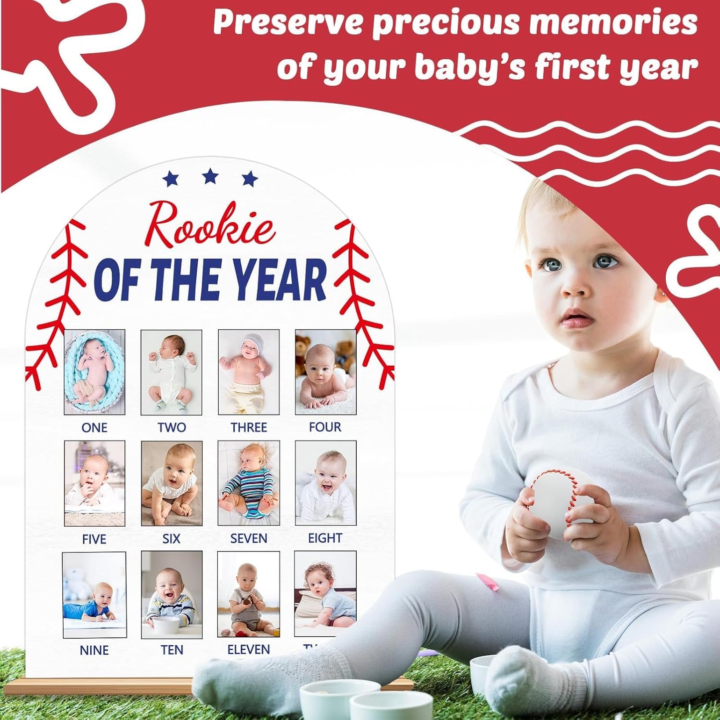 Baseball First Year Photo Board Rookie of the Year Birthday Party Decoration Wooden Board 12 Monthly Milestone Picture Frame Sports 1st Birthday Photo Banner for Baby Boy Keepsake Gift Supply2x2.8In