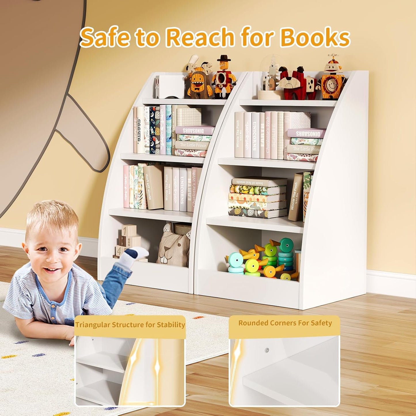Kids Bookshelf and Toy Organizer,4 Tier Kids Book Shelf for Kids Rooms,Wood Children Bookcase,Baby Storage Book Rack,Toddler Bookshelf,Toy Storage Organizer,Book Display Shelf for Playroom, Nursery