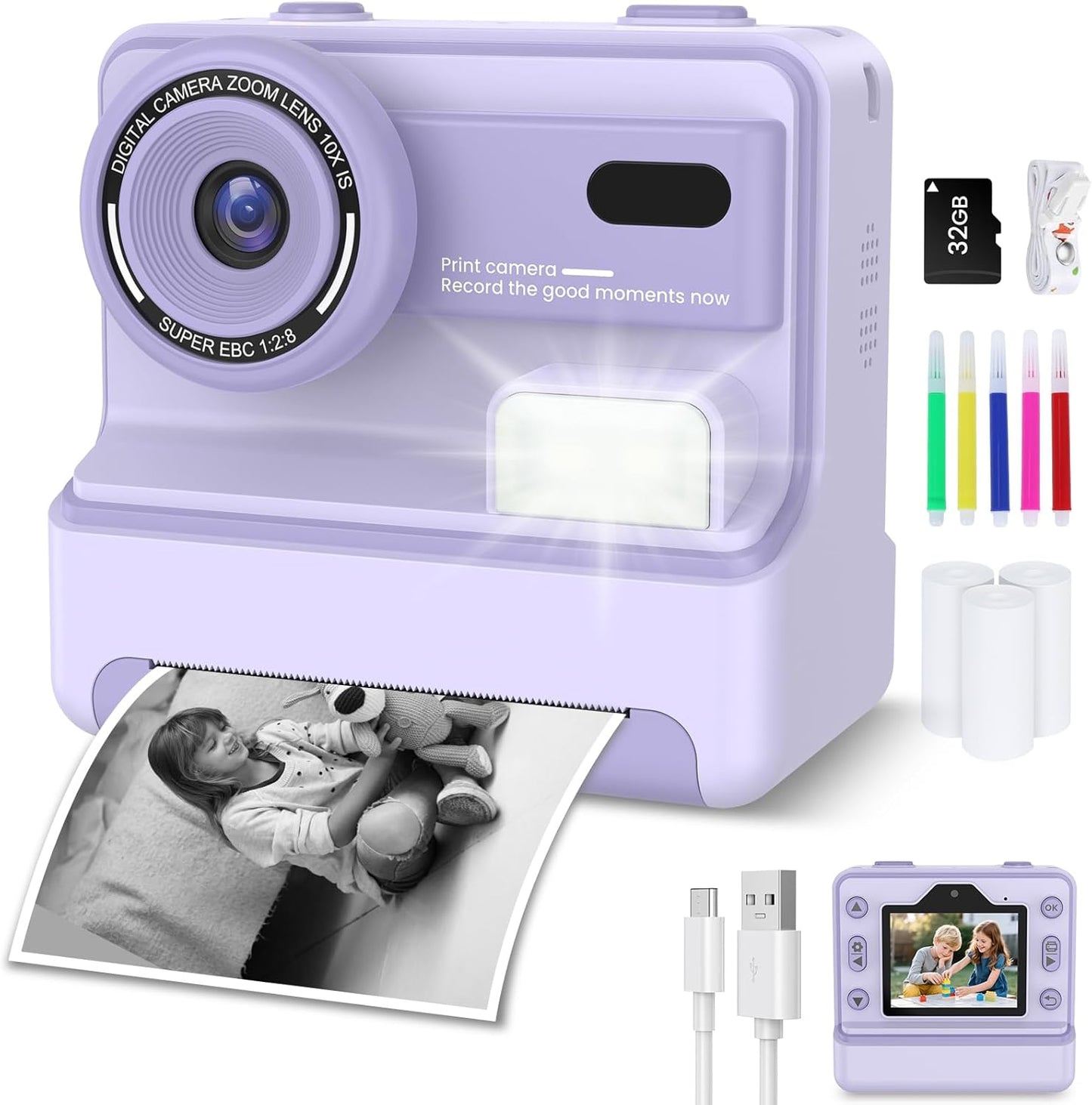 Instant Camera, Instant Print Camera for Kids with 1080P Videos, Front Rear Dual Selfie, 3 Rolls Print Paper & 32GB SD Cards, Christmas Birthday Gifts for Girls Age 3-12