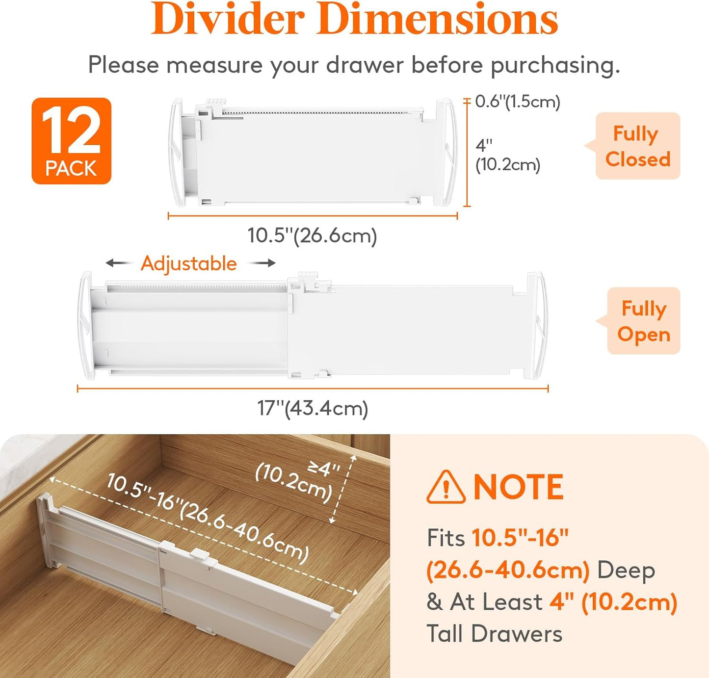 Lifewit 12 Pack Drawer Dividers 4" High, 10.5-16.5" Dresser Drawer Divider, Adjustable Drawer Organizers for Clothes, Plastic Drawers Separators for Dresser, Bedroom, Bathroom, Kitchen, Office