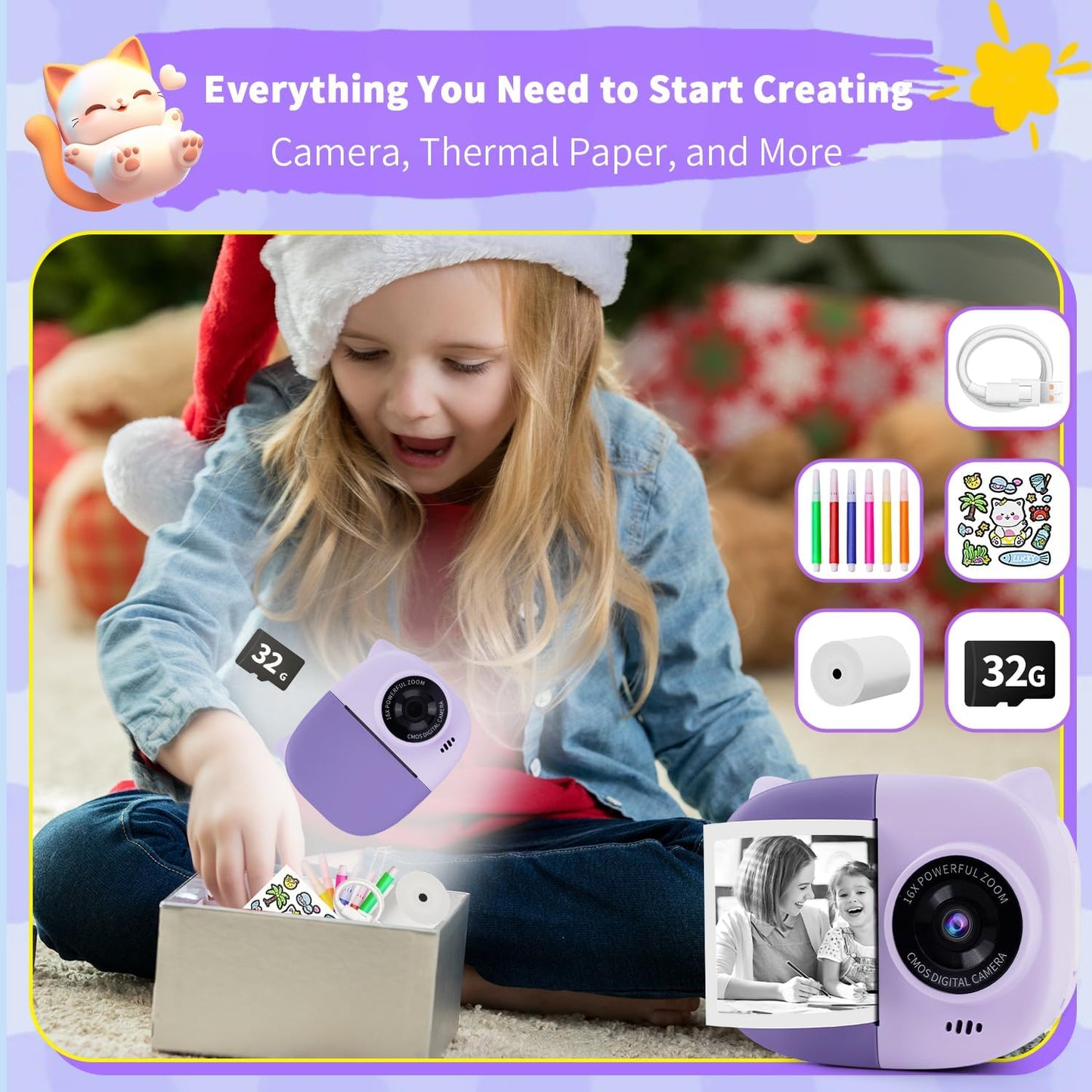 Portable Instant Camera for Kids Print Photos Travel Digital 1080P Video Camera for Toddlers 3 4 5 6 7 8 Year Old Girls Holiday Christmas Birthday Gifts (Purple)