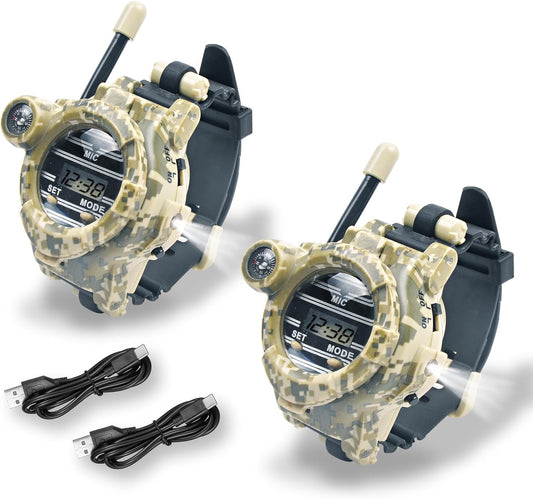 Walkie Talkies for Kids Rechargeable, Spy Watch Army Toys, 7 in 1 Walkie Talkie Watches with Flashlight, Two-Way Radios Long Range Interphone Toy Gifts for Boys Girls fit Outdoor Game Camping