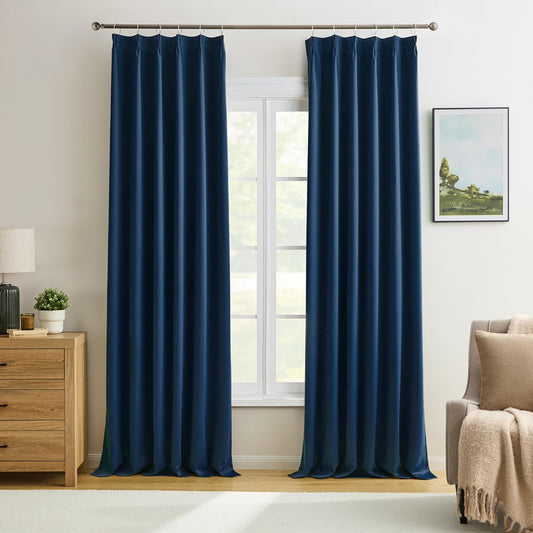 KEQIAOSUOCAI 92 Inch Long Curtains Navy Blue Pinch Pleated Draperies for Track System, Fancy Luxury Bedroom Drapes Thermal Insulating Window Blackout Nautical Curtain for Living Room 2 PCs