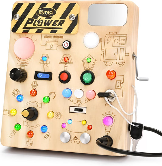 Joyreal Busy Board with 22 LED Light - Montessori Toys for 1 2 3 Years Old, Wooden Toddler Sensory Board for Kids with Autism, Fidget Board Travel Toys for 1+ Year Old Boy & Girl Birthday Gift (Big)