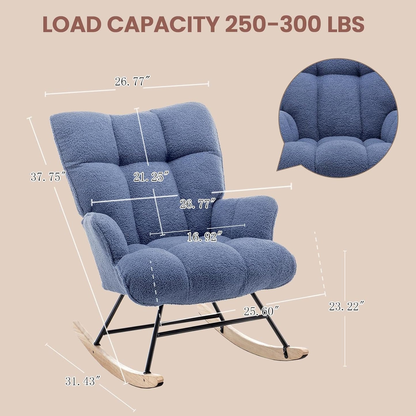 Rocking Chair Nursery Teddy Upholstered Glider Rocker Rocking Accent Chair Padded Seat with High Backrest Armchair Comfy Side Chair for Living Room Bedroom Offices (Steelblue Teddy)