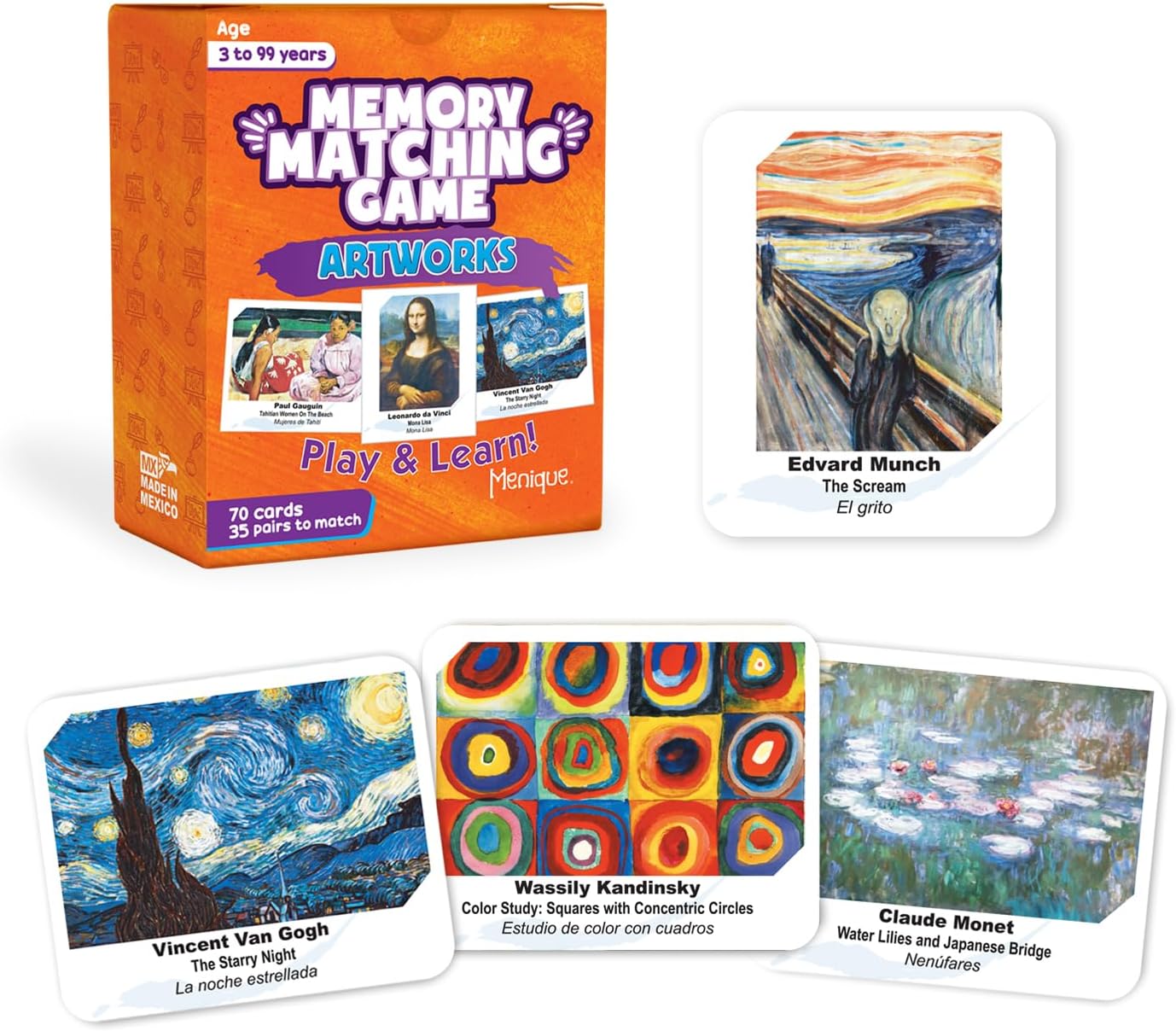 Menique Memory Matching Game – Famous Paintings for Adults & Kids – 70 Cards (35 Pairs) – Bilingual Art Game – Educational & Concentration Activity