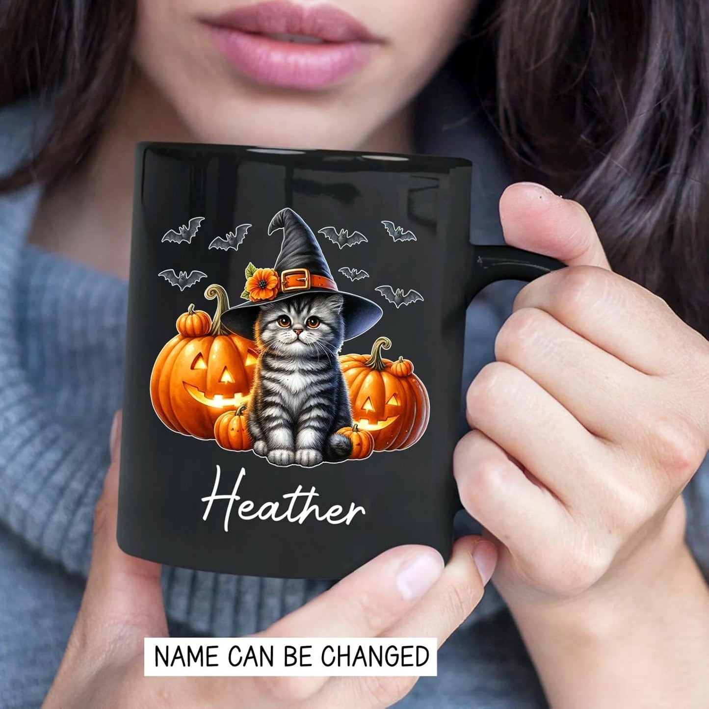 Customized American Shorthair Wearing Witch Hat Cup, Personalized Name American Shorthair Coffee Mugs, Cat with Pumpkins Ceramic Cups, Cat Halloween Black Mug 11oz 15oz, Gift for Halloween