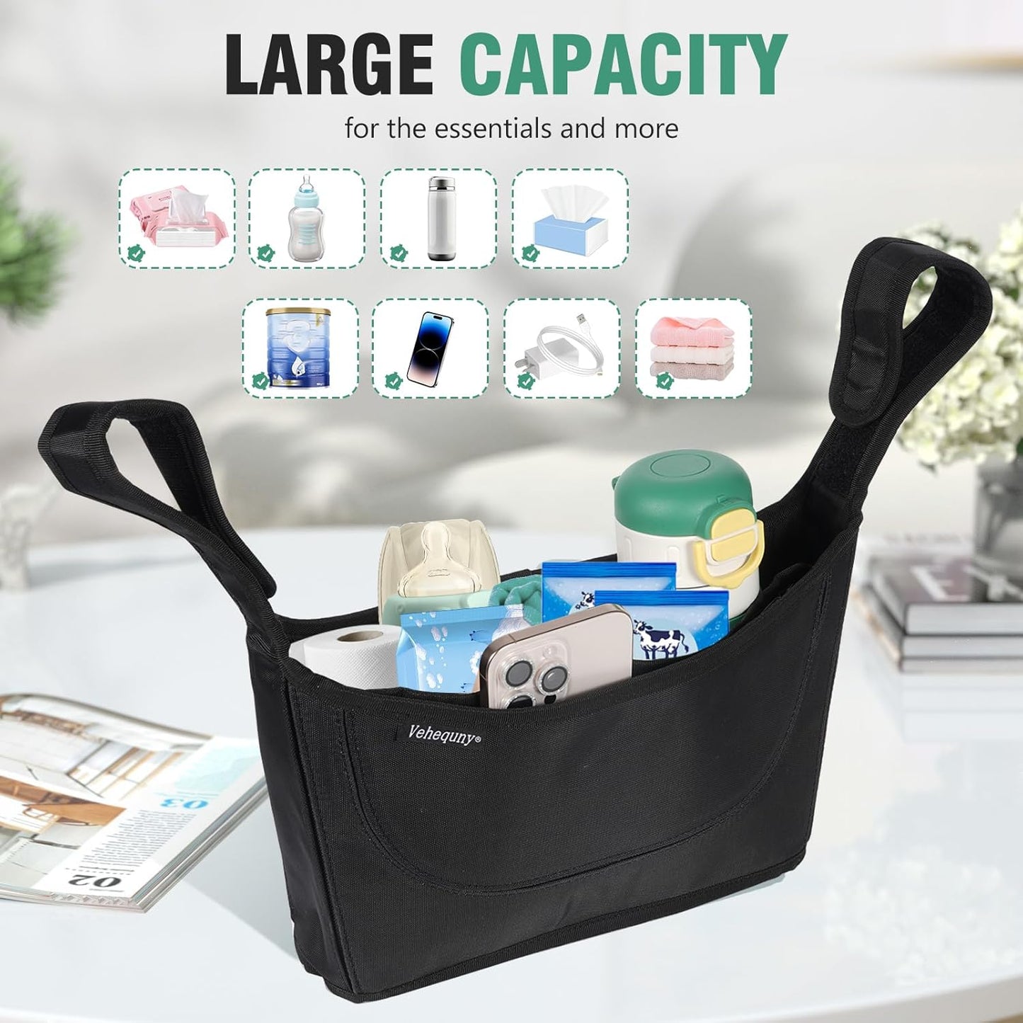 Stroller Caddy, Universal Stroller Organizer,600oz Large Storage Stroller Organizer Bag Fits for Uppababy, Baby Jogger, Britax, BOB, Cruz, Minu, G-Series ,Most Strollers