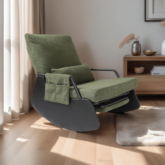 Rocking Chair for Nursery, Modern Upholstered Plush Seating Glider Recliner Chair with High Backrest and Side Pocket, Accent Armchair with Cushions for Living Room/Reading (Blackish Green)