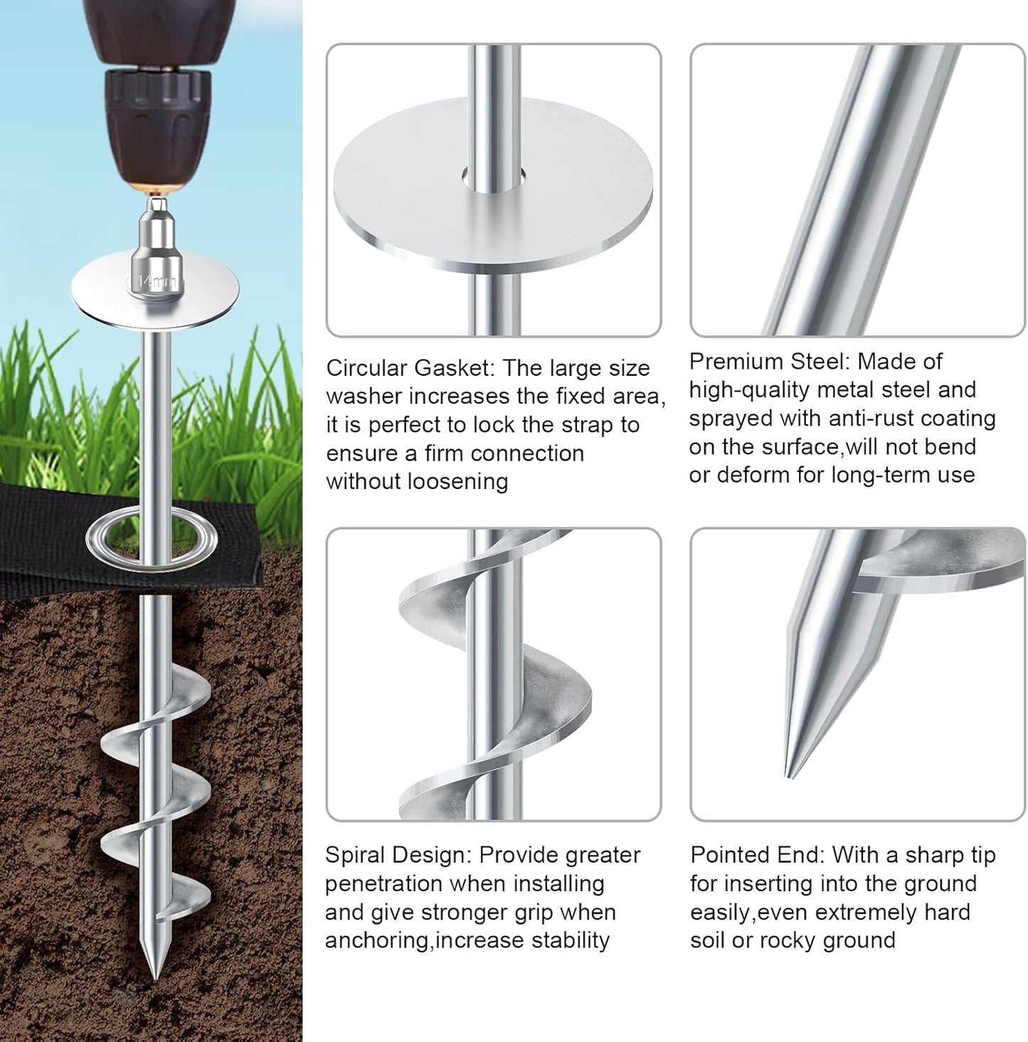 Eurmax USA Ground Anchors Screw in Trampoline Anchors High Wind Tent Stakes Heavy Duty Ground Stakes Trampoline Stakes Anchor Kit Set of 4 Bonus 4 Strong Belt (Silver)