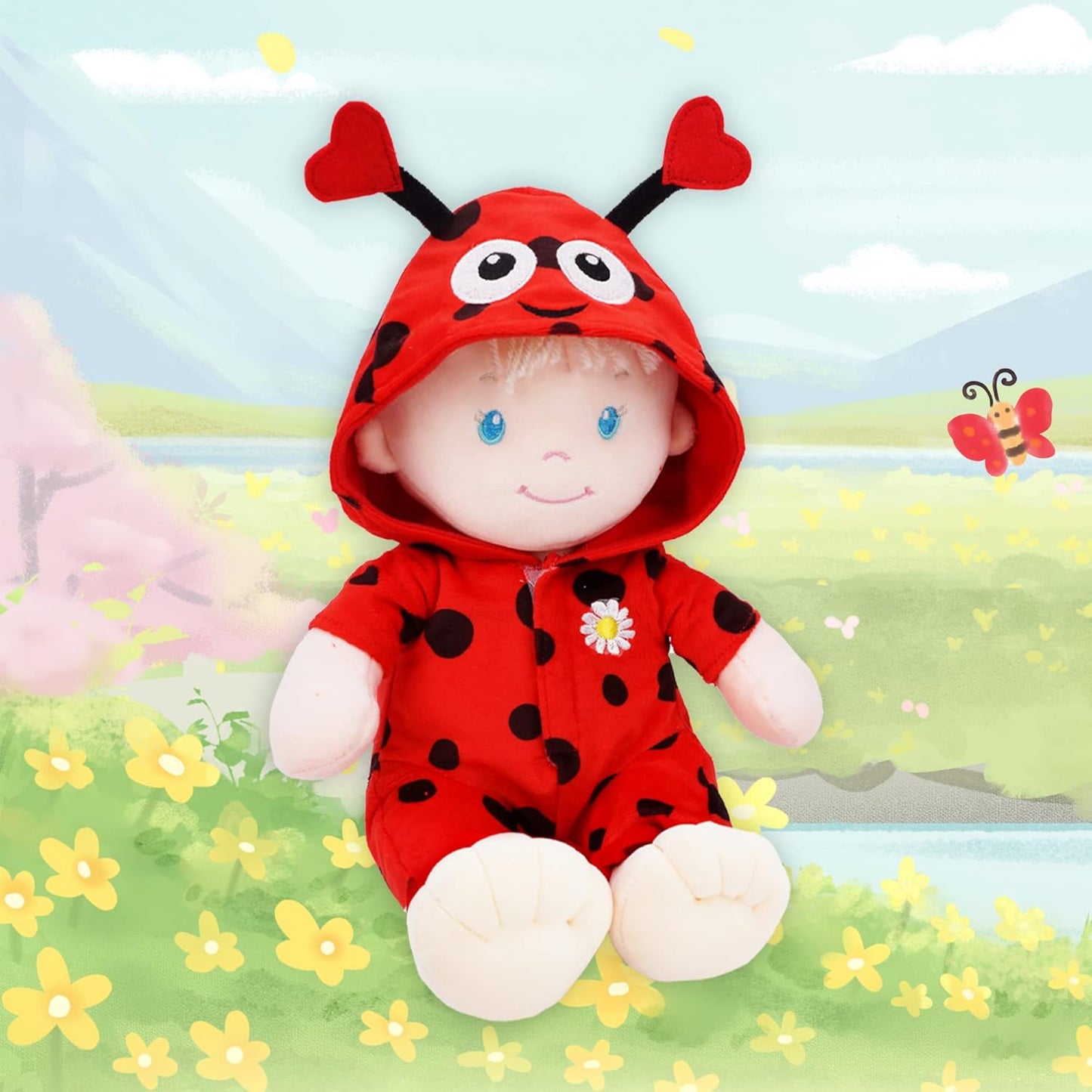 June Garden 12" Sweet Dolly Ladybug - Stuffed Ultra Soft Baby Doll for Birth and Up - Ladybug Outfit