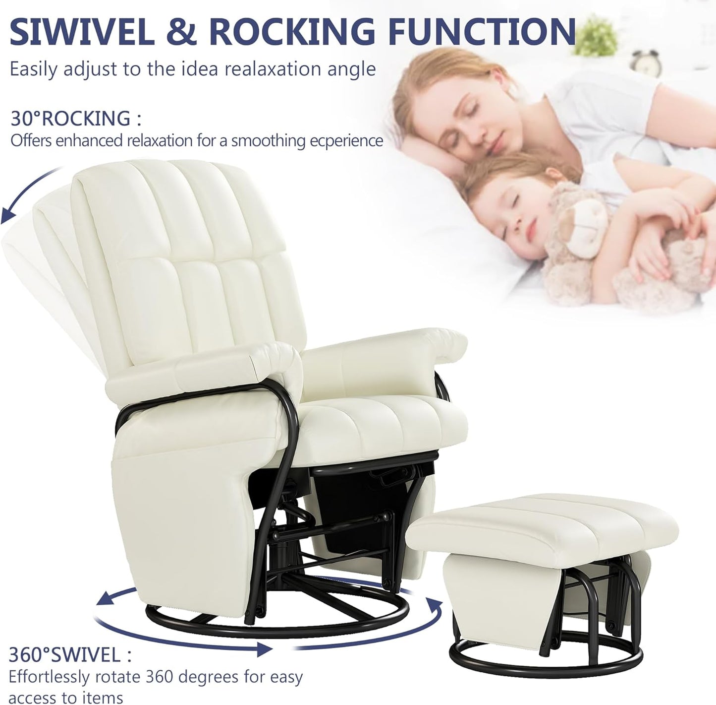 AODAILIHB Swivel Glider Recliner with Ottoman, 360 Rocking Chair with Foot Rest Recliner Chair Indoor Rocking Chair with Side Pockets Nursery Chairs for Living Room, Bedroom, Office (White)