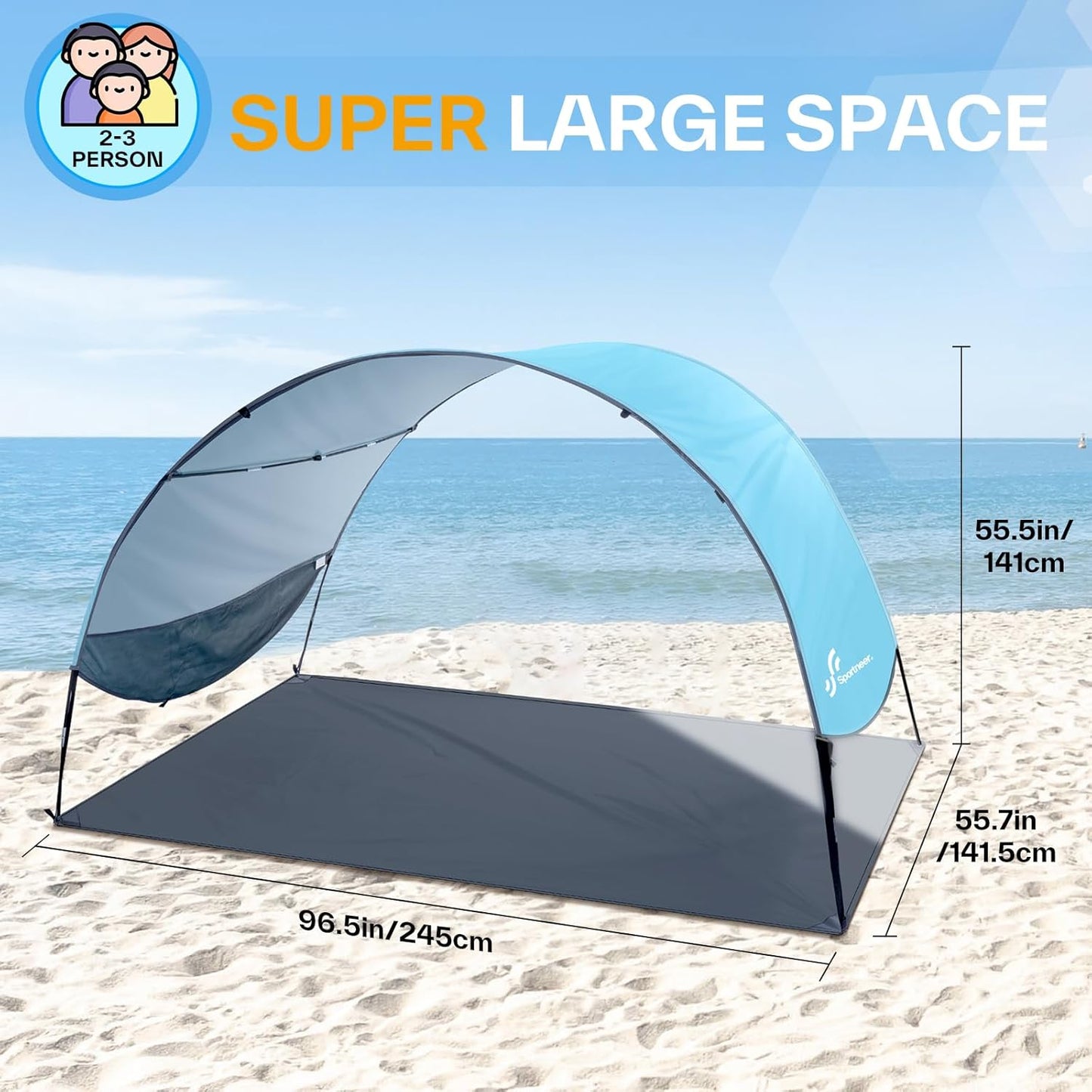 Sportneer Beach Tent Sun Shelter: UPF 50+ UV Protection Beach Canopy Tent Sun Shade for 2-3 Person, Easy Set Up Canopy with 8 Wind Ropes and 12 Ground Stakes, Size 96.5''x55.7''