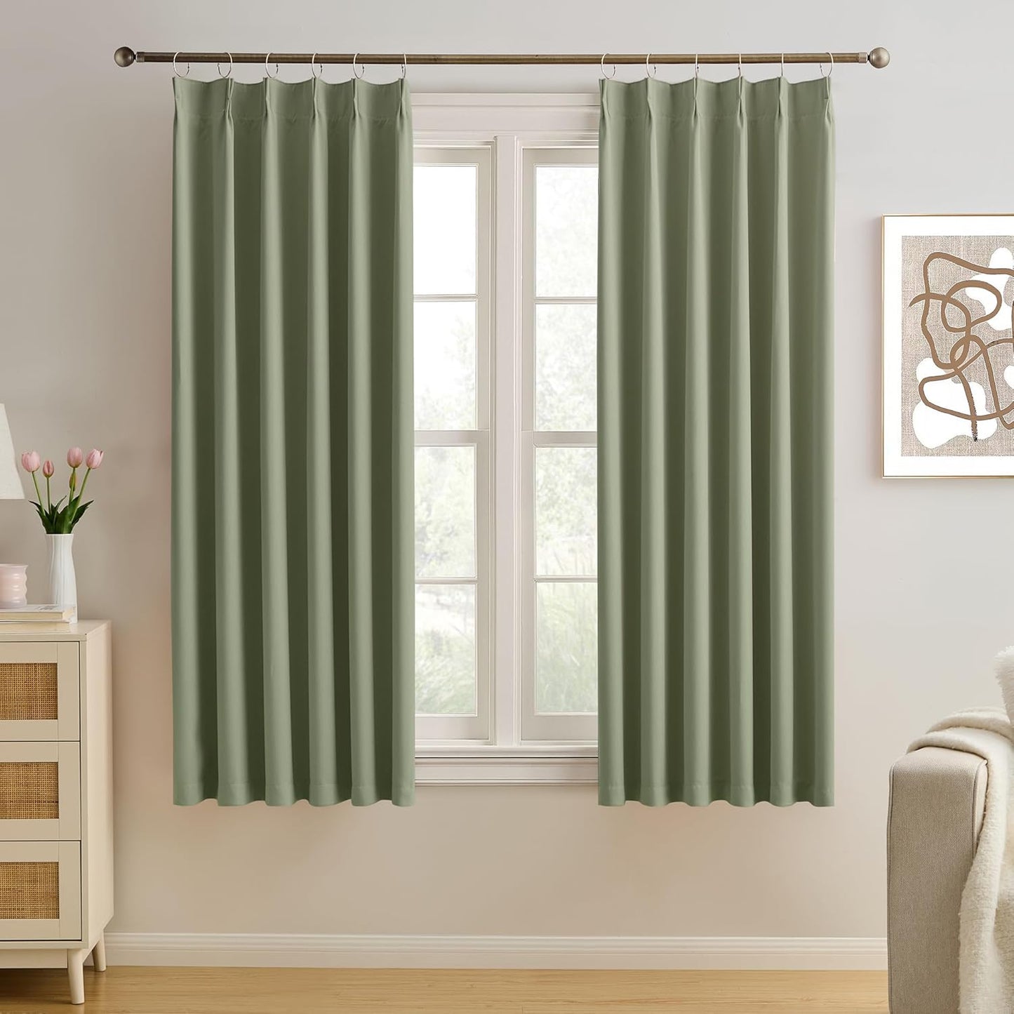 KEQIAOSUOCAI Sage Green Pinche Pleat Curtains 45 Inches Long Thermal Insulated Dark Black Out Short Drapery for Bedroom Light Blocking Window Covering Room Darkening Drapes for Nursery 40x45 2 Pieces