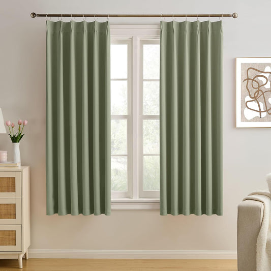 KEQIAOSUOCAI Sage Green Pinche Pleat Curtains 45 Inches Long Thermal Insulated Dark Black Out Short Drapery for Bedroom Light Blocking Window Covering Room Darkening Drapes for Nursery 40x45 2 Pieces