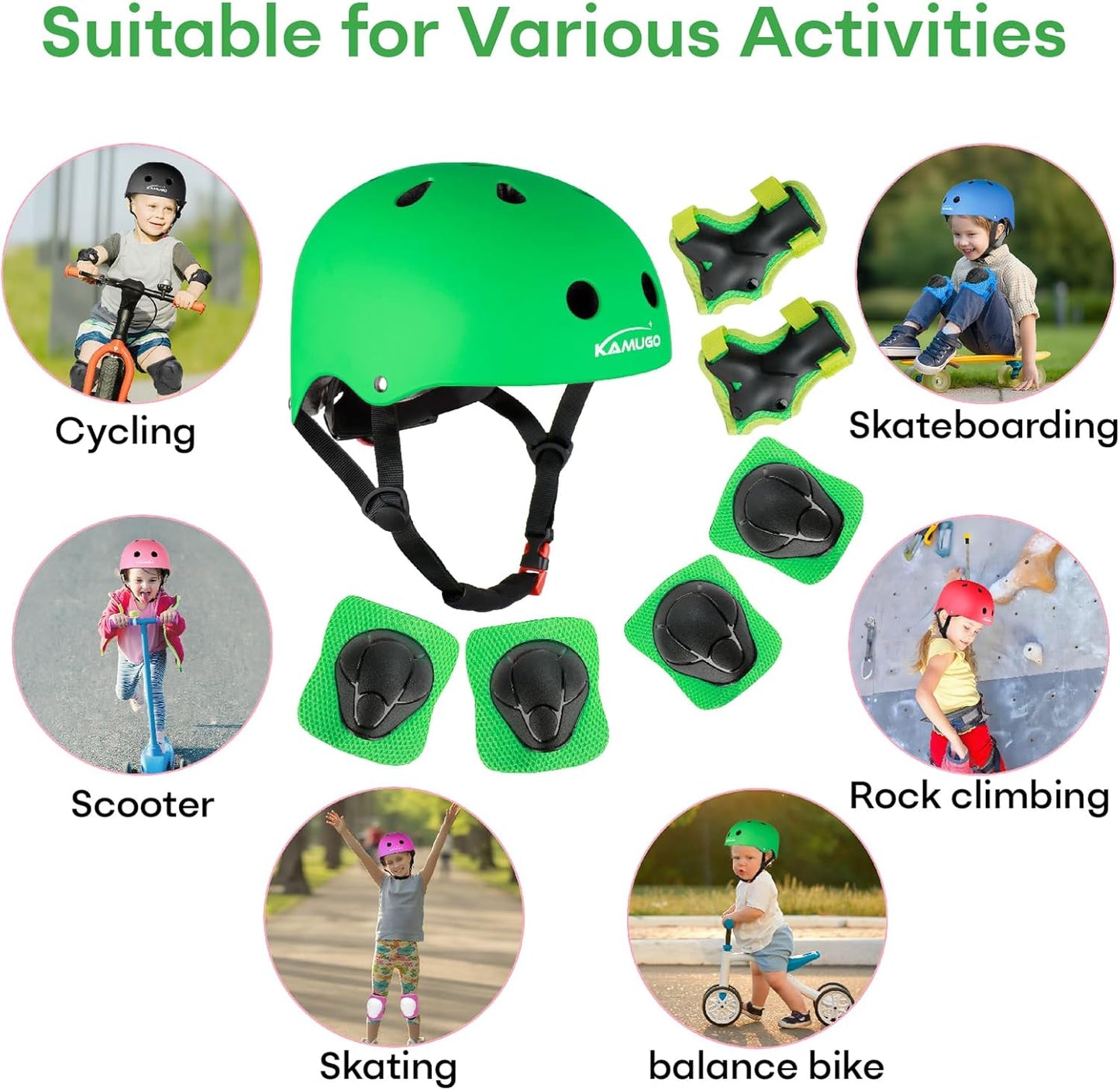 KAMUGO Kids Bike Helmet, Toddler Helmet for Ages 2-8 Boys Girls with Sports Protective Gear Set Knee Elbow Wrist Pads for Skateboard Cycling Scooter Rollerblading