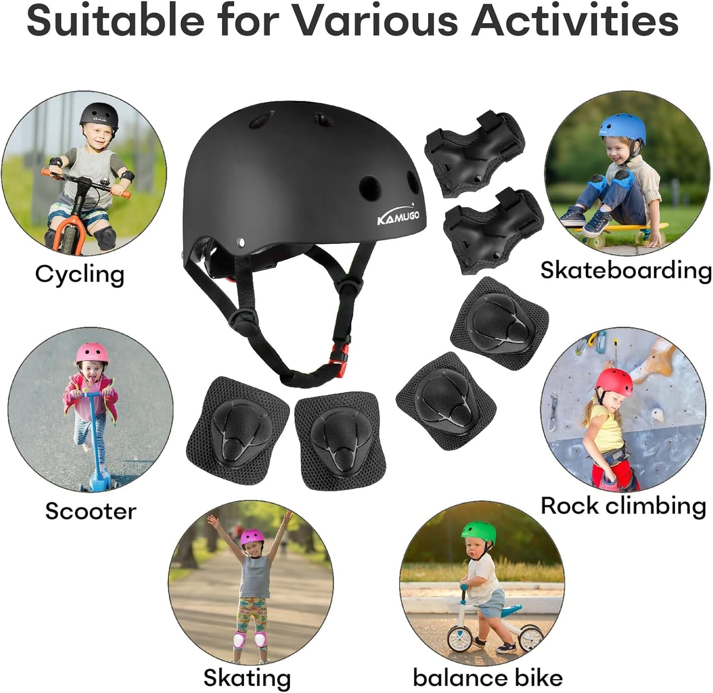 KAMUGO Kids Bike Helmet, Toddler Helmet for Ages 2-8 Boys Girls with Sports Protective Gear Set Knee Elbow Wrist Pads for Skateboard Cycling Scooter Rollerblading