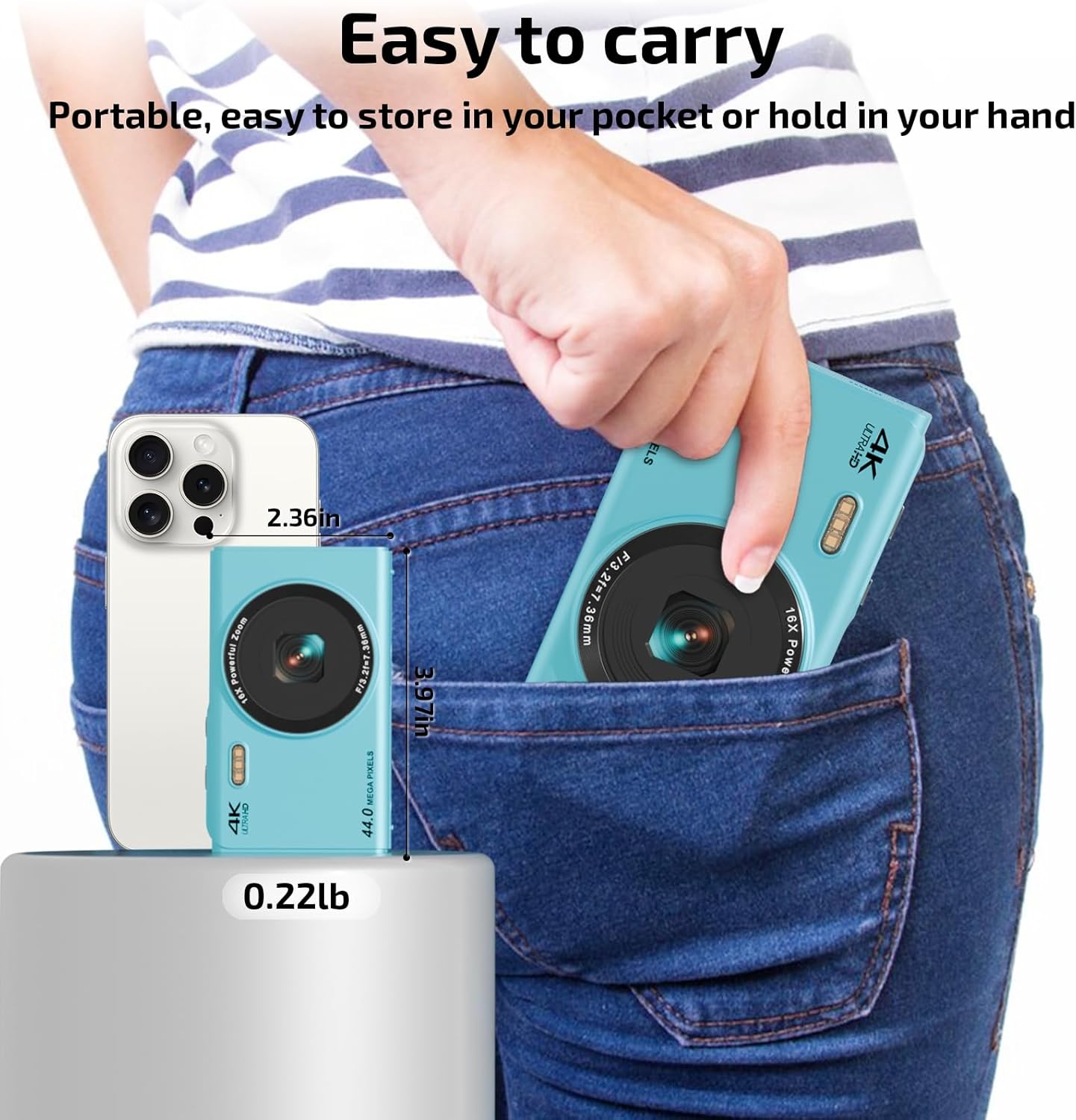 Upgrade Digital Camera, FHD 4K 44MP Autofocus Digital Point and Shoot YouTube Camera with 16X Zoom, 32GB SD Card, Compact Digital Camera Cheap for Teens Boys Girls Kids Blue Camera