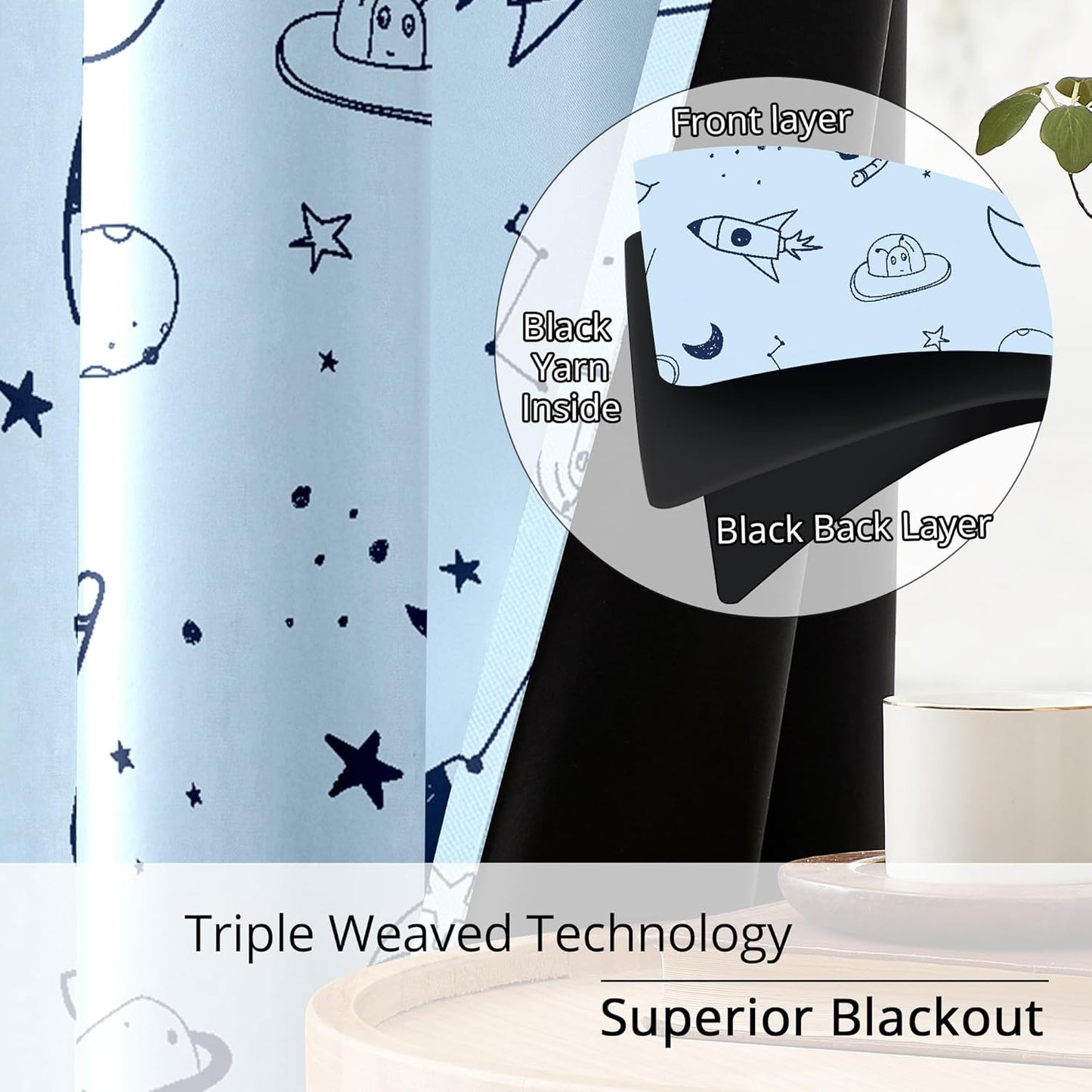 Kids Space Rocket and Astronaut Blackout Curtains - 100% Blackout, Thermal Insulated, Noise Reducing, Perfect for Kids Room and Nursery, 2 Panels (Sky-Blue Space Doodles, W52×L63)