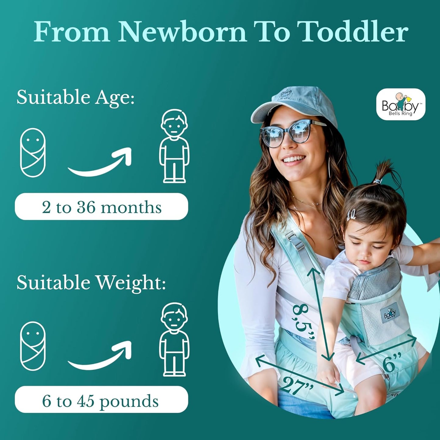 Baby Carrier - 6-in-1 Ergonomic Soft Carrier with Hip Seat and Large Storage, Front and Back Positions, Adjustable Waist Up to 43 Inches, for Infants Aged 2-36 Months, Weighing 6-45 lb