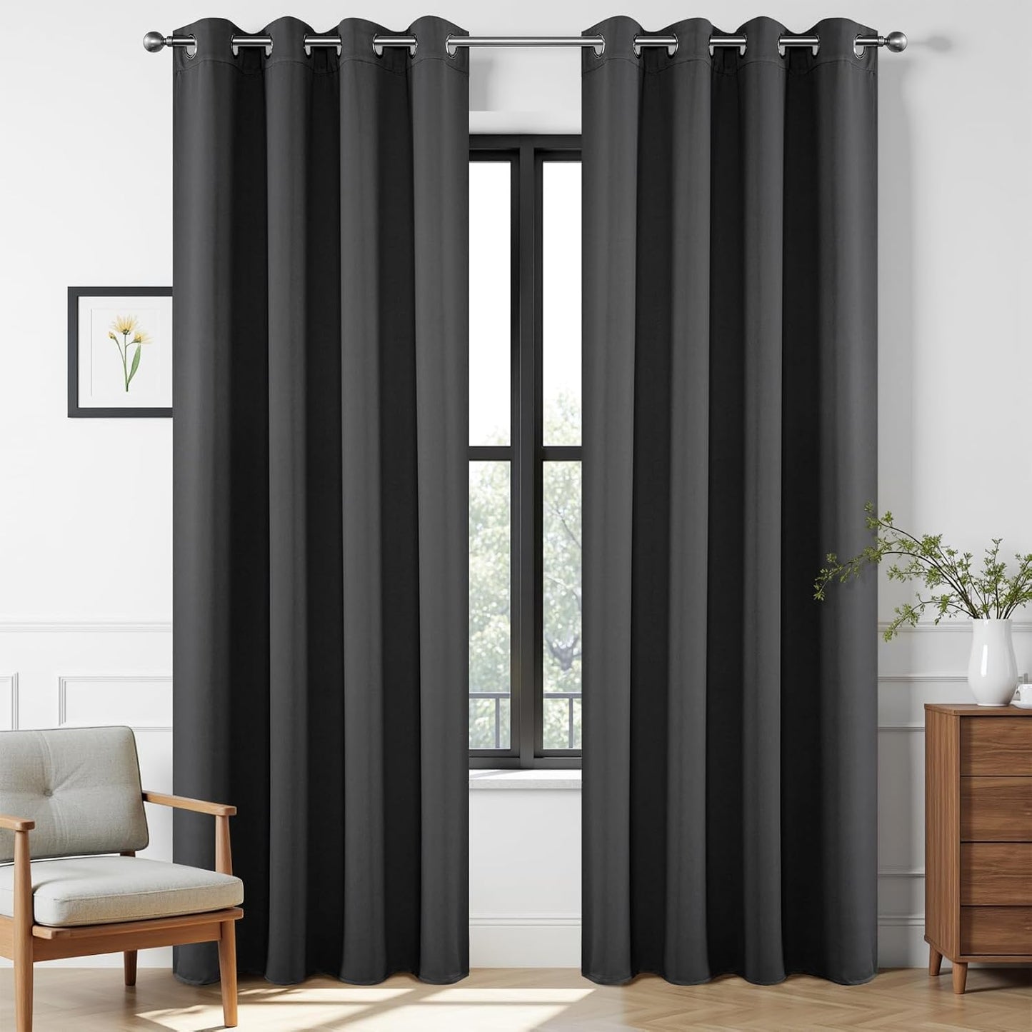 Joydeco Blackout Curtains 63 Inch Length 2 Panels Set, Thermal Insulated Long Curtains& Drapes 2 Burg, Room Darkening Grommet Drapes for Living Room Bedroom Window (W52 x L63 Inch, Dark Grey)