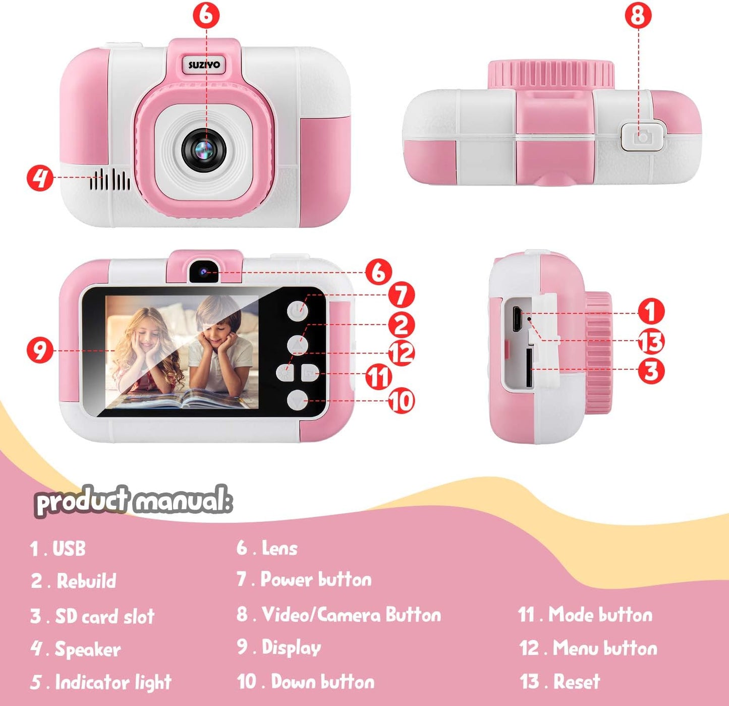 Kids Camera, SUZIYO Children Digital Selfie Video Camcorder 1080P Dual Lens 2.4 Inch HD, Birthday Christmas Electronic Gifts Toys for Age 3-9 Years Old Toddlers Girls Boys with 32G TF Card,Pink