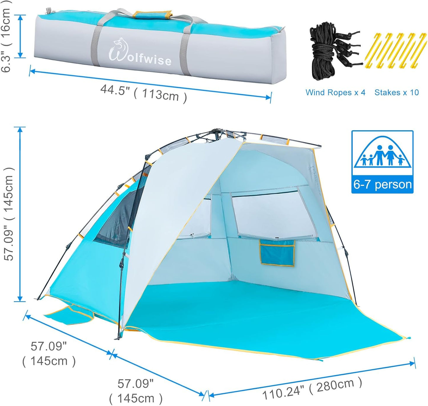 WolfWise 6-7 Person Easy Up Beach Tent UPF 50+ Portable Instant Sun Shelter Canopy Umbrella with Extended Zippered Porch, Blue