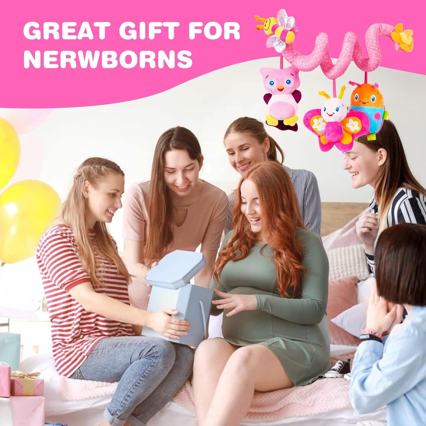 Jollybaby Baby Car Seat Stroller Toys, Plush Activity Hanging Spiral Activity Pram Crib with Music Box, Rattles, Squeaker for Babies Infant Boys Girls(Pink)