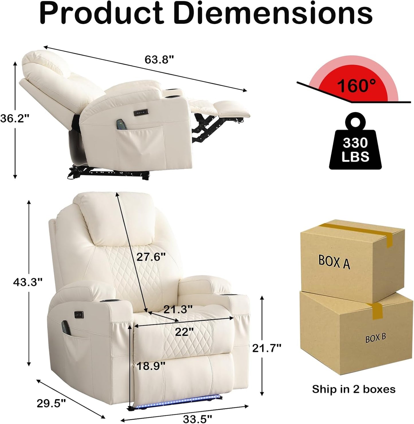 Power Recliner Chair with Heat and Massage for Adults - Home Theater Seating with LED Lights,Cup Holders,Side Pocket,USB Port - Recliner Sofa for Living Room (Beige, Single Recliner)