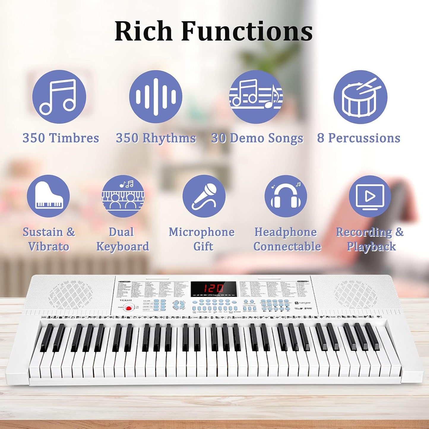 Vangoa VGK611 Electric Keyboard for Beginner, 61 Keys Portable Music Keyboard With Mini Lighted Keys, Electronic Piano for Kids, Boy, Girl, White