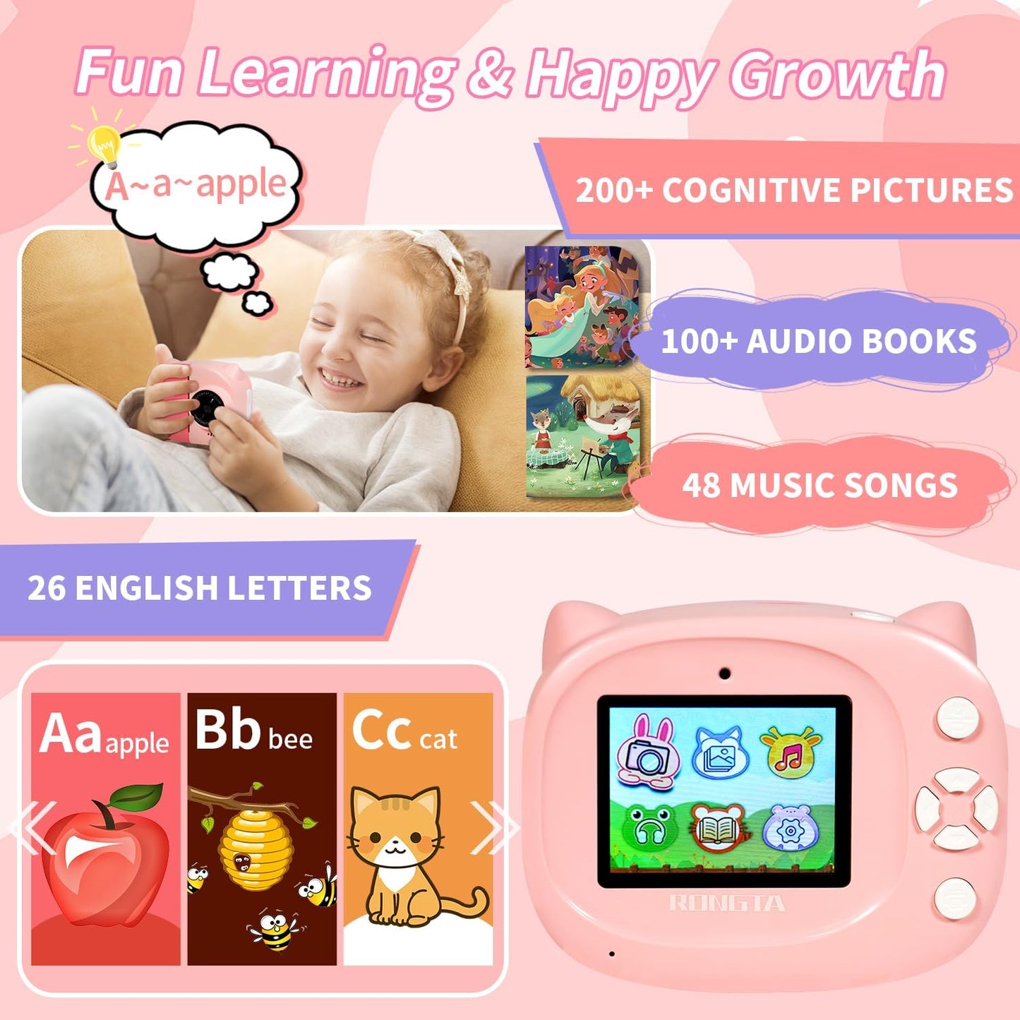 Instant Print Camera Toy for Kids, Girls Birthday Gifts for 3 4 5 6 7 8 Year Old Learning Music Story Player, 1080P HD Dual-Lens Creative Instant Camera (Pink)