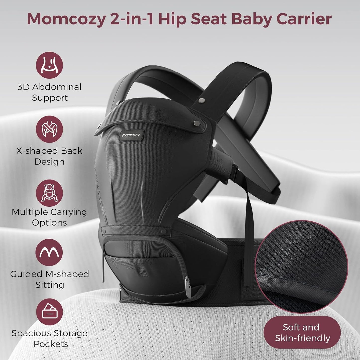 Momcozy Baby Carrier with Hip Seat, 2-in-1 Forward-Facing Carry for Active Babies, Detachable Hands-Free Infant Carrier up to 44lbs, All Seasons Toddler Carrier Fits Waist Sizes up to 45 Inches, Black