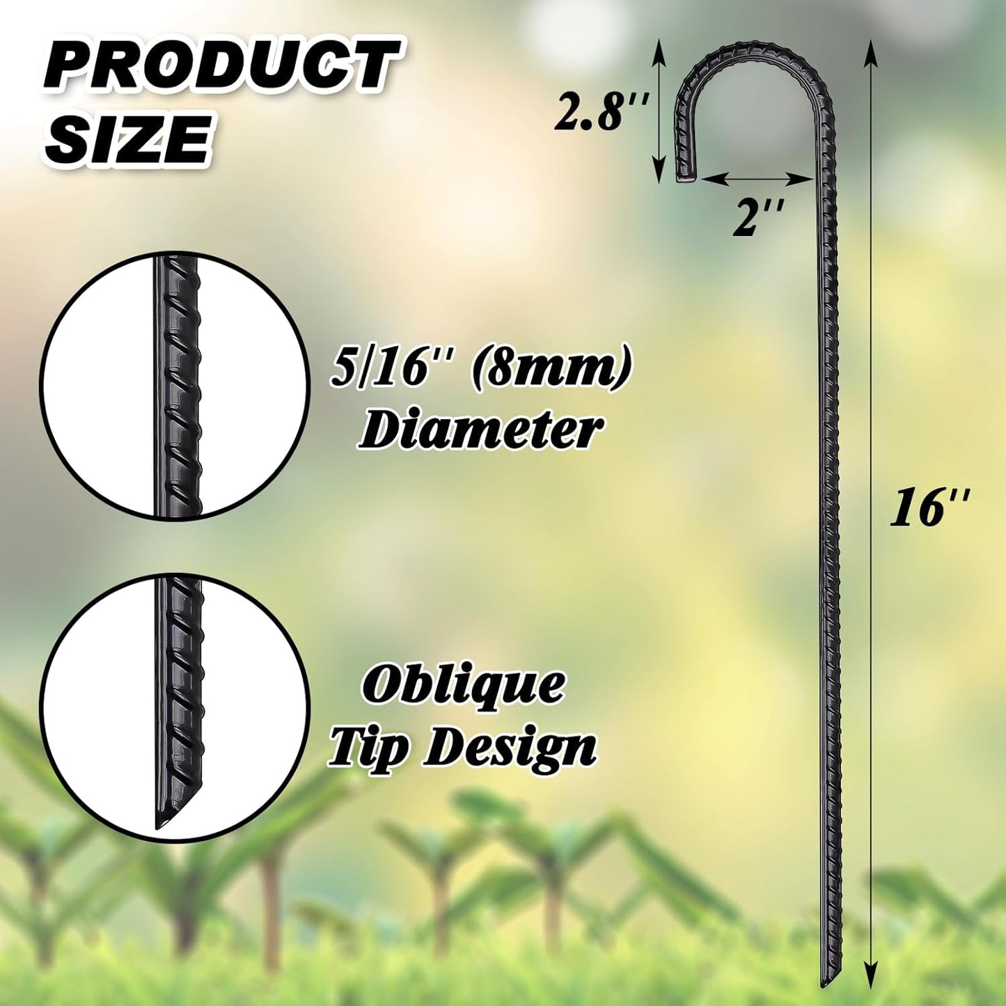 FEED GARDEN 16 Inch 8 Pack Rebar Stakes Heavy Duty J Hook, Galvanized Steel Ground Stakes Tent Stakes Ground Anchors, Chain Link Fence Stakes, Trampoline Stakes, Black