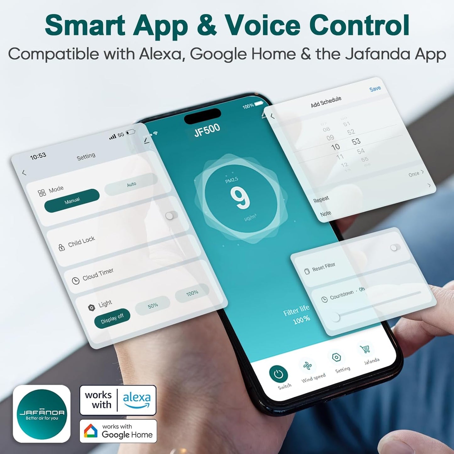 Jafända Air Purifiers for Home Large Room Up To 2105ft², 4×True HEPA 13 Activated Carbon Air Filter, Quiet Air Cleaner for Bedroom Removes 99.97% Dust Smoke Odor Pollen Pets Hair Dander Allergies