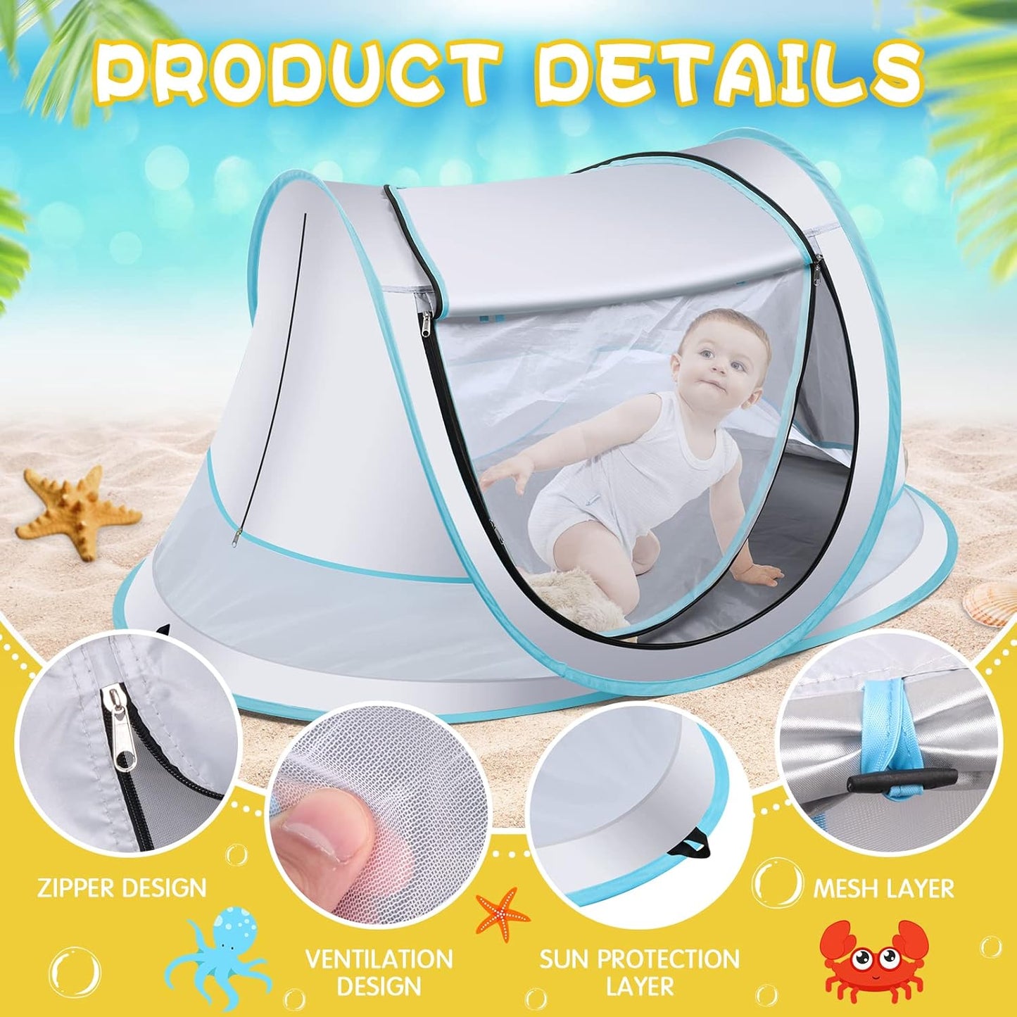 Baby Beach Tent,Large Pop Up Beach Tent Sun Shade for Beach,Portable Baby Travel Tent with Mosquito Net,Indoor Baby Play Tent,UPF 50+ UV Protection Sun Shelters for Infants