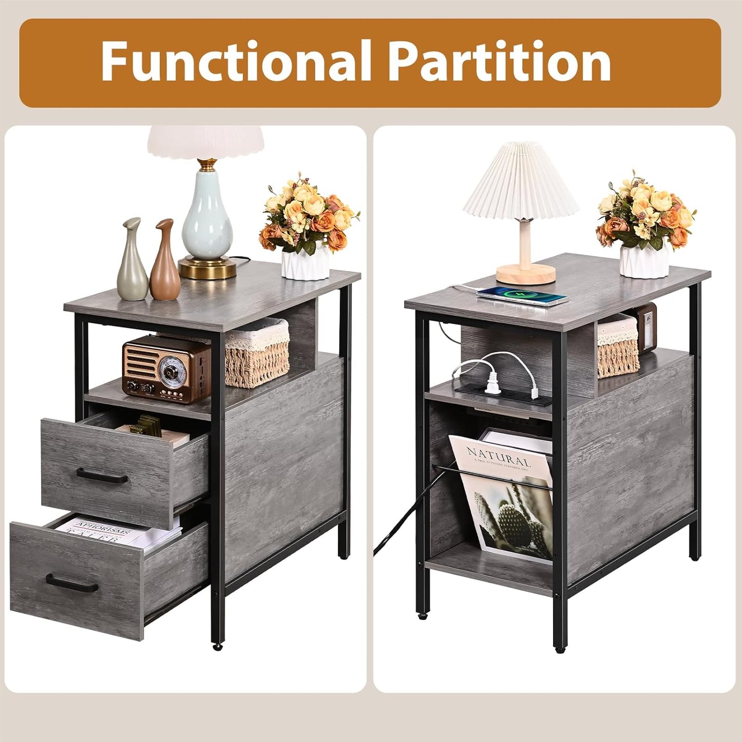 Side Table, Gray End Tables with Charging Station, Narrow End Table with Wooden Drawers, USB Ports and Power Outlets, Nightstand and Bedside Table, Side Table Living Room, Bedroom