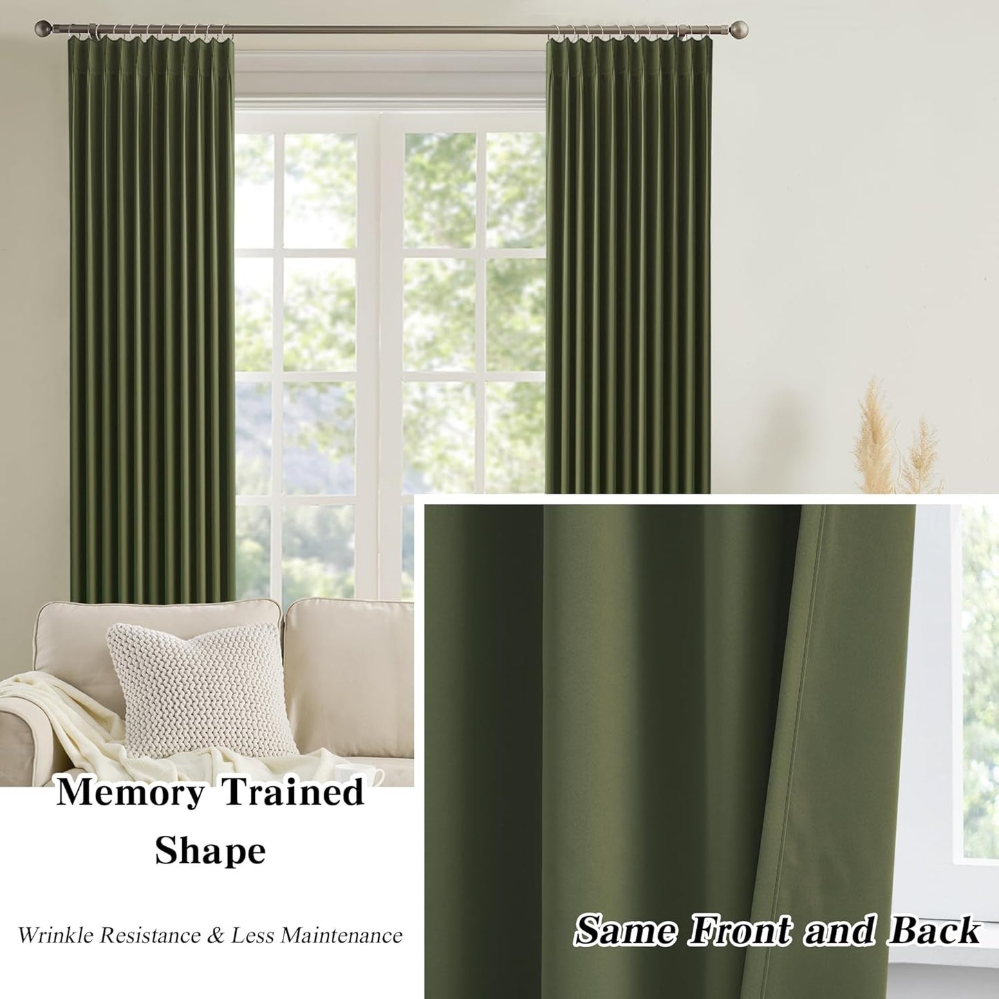 KEQIAOSUOCAI 96 Inch Curtains with Pinch Pleat,Warm Cold Blocking Block Out Room Darkening Curtain Drapes for Living Room 8 ft Tall(Dark Olive Green, 40" W x 96" L,2 Panels)