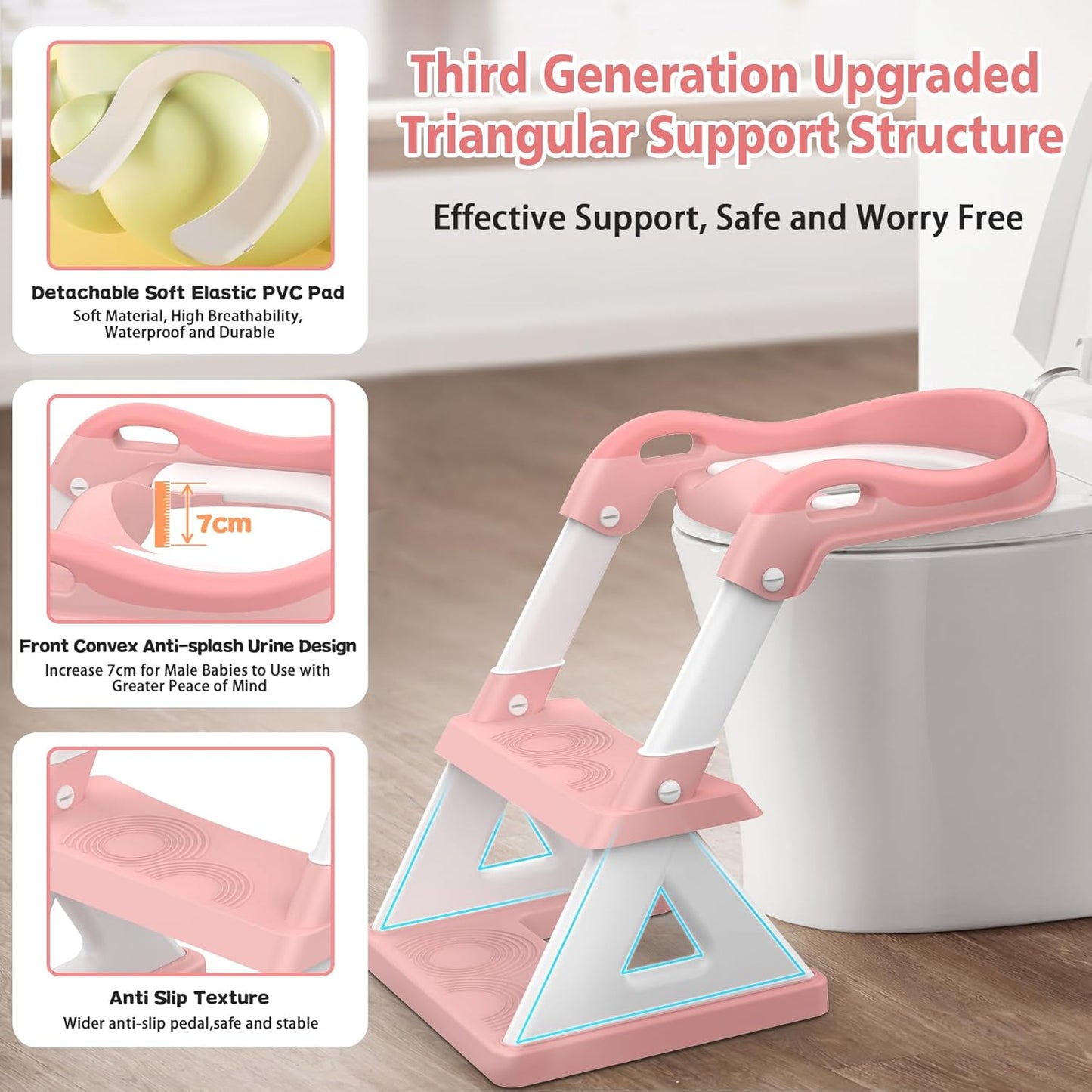 2 in 1 Potty Training Toilet Seat & Toddler Step Stool, Bottom Triangle Stability Toddler Toilet Seat, Adjustable Step & Seat Height Potty Seats for Toddlers Boys Girls (Pink)