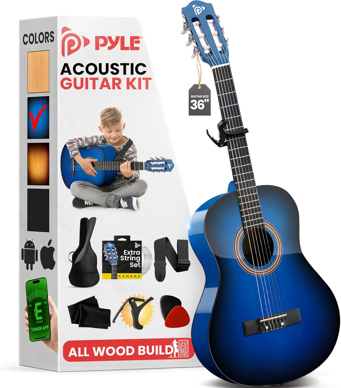 Pyle Beginner Acoustic Guitar Kit, 3/4 Junior Size All Wood Build Nylon String Instrument with Capo, Gig Bag, Strap, Extra String Set, Guitars for Beginners Adults and Youth, 36" Blue Gloss