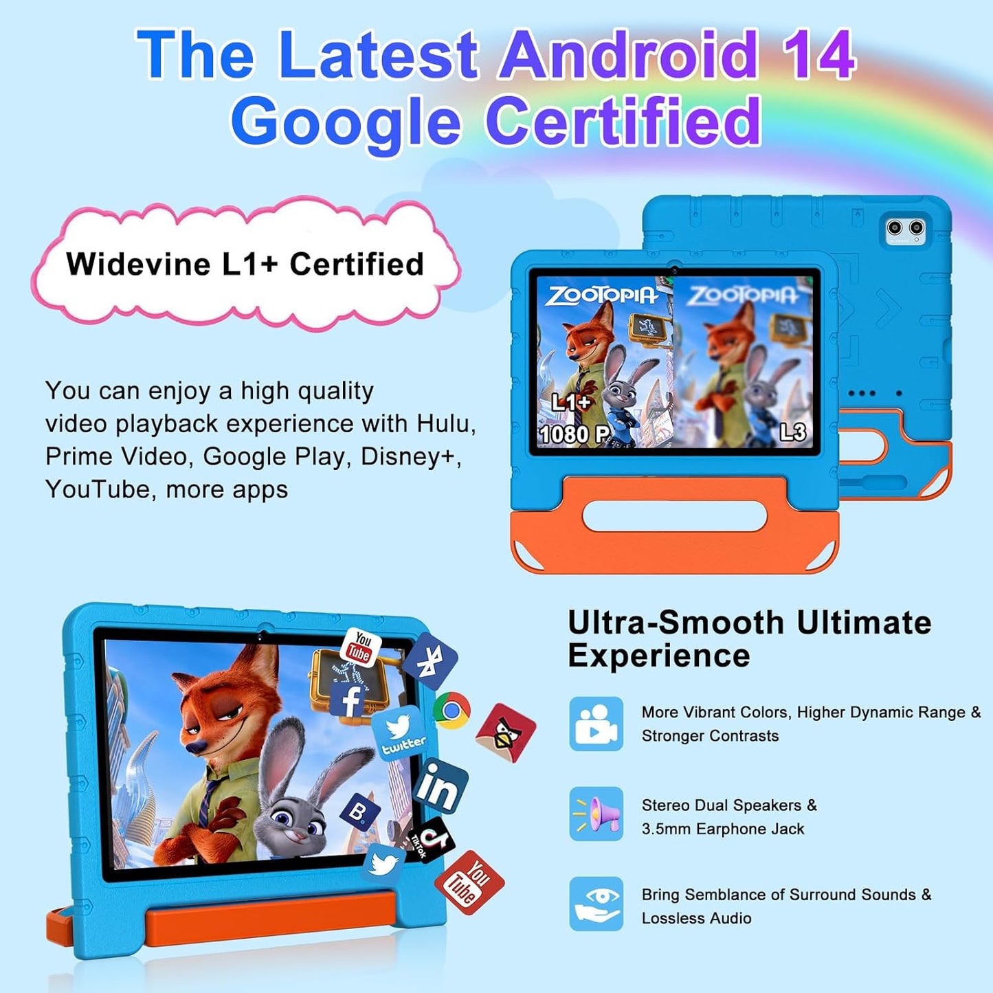 2025 Kids Tablet 10 inch Android 14 Tablets for Kid Octa-Core, 20GB+128GB (TF 1TB), Toddler Tablet with Shockproof Case, 2.4G+5G WiFi 6, Parental Control, Face Unlocked, Split Screen, BT5.0 (Blue)