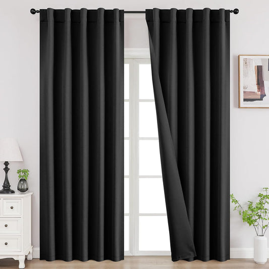 Joydeco 90 Inch Blackout Curtains for Bedroom, Thermal Insulated Black Out Curtains 2 Panels Set, Room Darkening Drapes for Living Room Window Rod Pocket Back Tab (W52 x L90 Inch, Black)