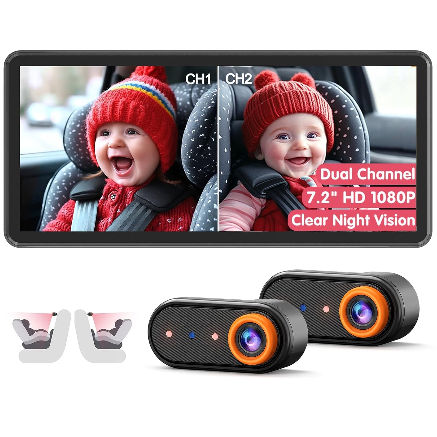 BM5PRO 7.2" 1080P HD Baby Car Camera for 2 Kids, Split Screen with IR Night Vision, Easy to Install & Adjust Brightness, Dual Car Camera Baby Monitor for Rear Seat Safety