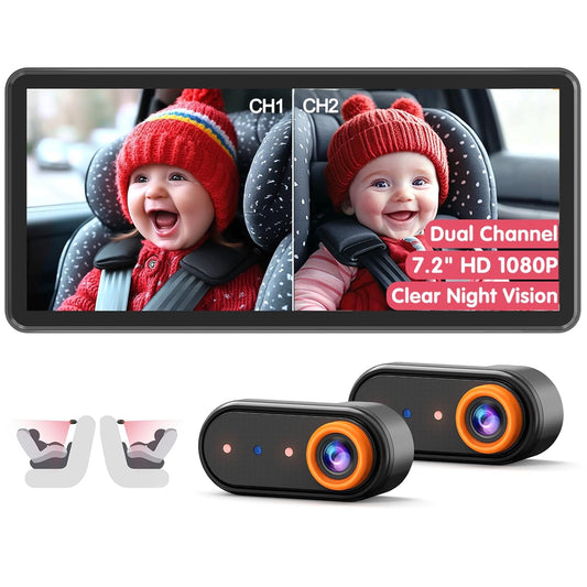BM5PRO 7.2" 1080P HD Baby Car Camera for 2 Kids, Split Screen with IR Night Vision, Easy to Install & Adjust Brightness, Dual Car Camera Baby Monitor for Rear Seat Safety