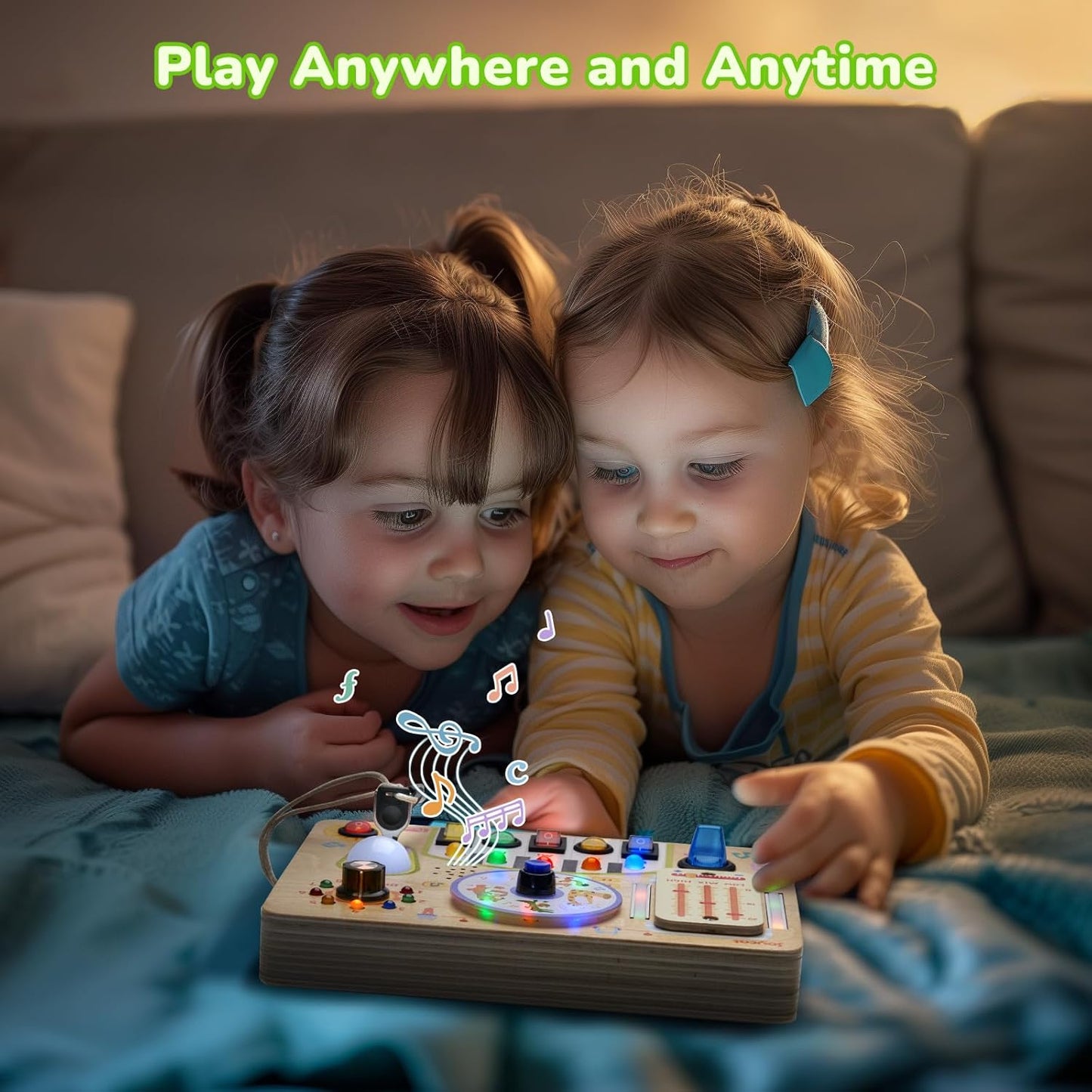 JoyCat Busy Board with Led Light, Toddler Toys for 1 2 3 4 Year Old Boys and Girls, Wooden Sensory Toys with Music, Travel Toy for Toddlers 1-3, Birthday Presents (Yellow)