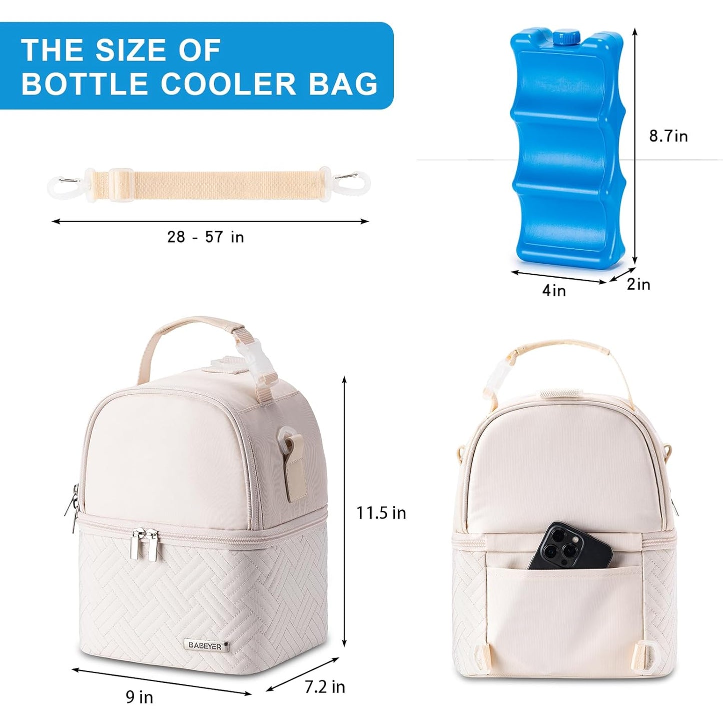 Breastmilk Cooler Bag with Ice Pack Fits 6 Baby Bottles up to 9 Ounce, Breast Milk Pump Cooler Bag with Shoulder Strap for Nursing Mom Daycare, Work, Travel- Cream