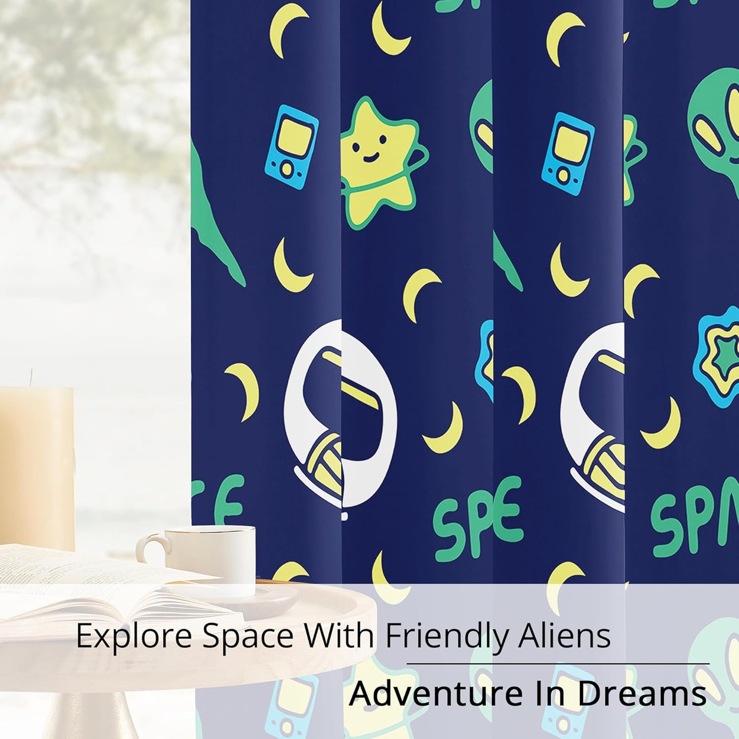 Kids Space Alien Blackout Curtains - 100% Blackout, Thermal Insulated, Noise Reducing, Perfect for Kids Room and Nursery, 2 Panels (Friendly Alien, W52×L84)