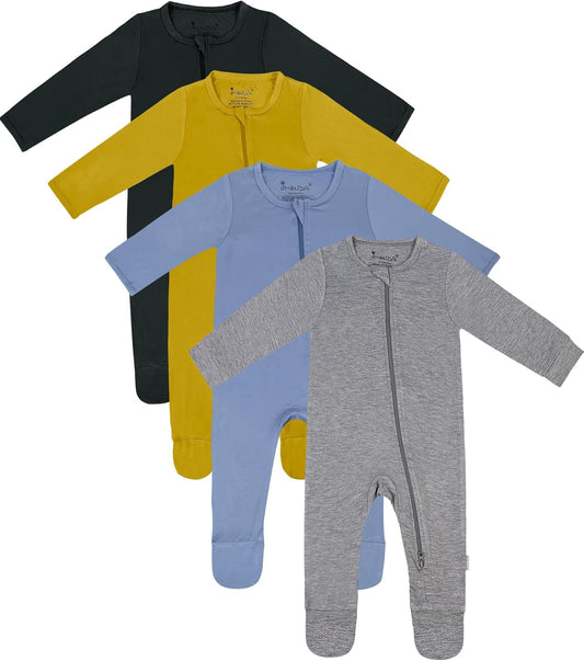 Jimonda Baby Boy Romper 4-Pack - Bamboo Zip-Up Pajamas for 0-24 Months,Unisex Footed Sleepers,Ultra-Soft Stretchy Fabric