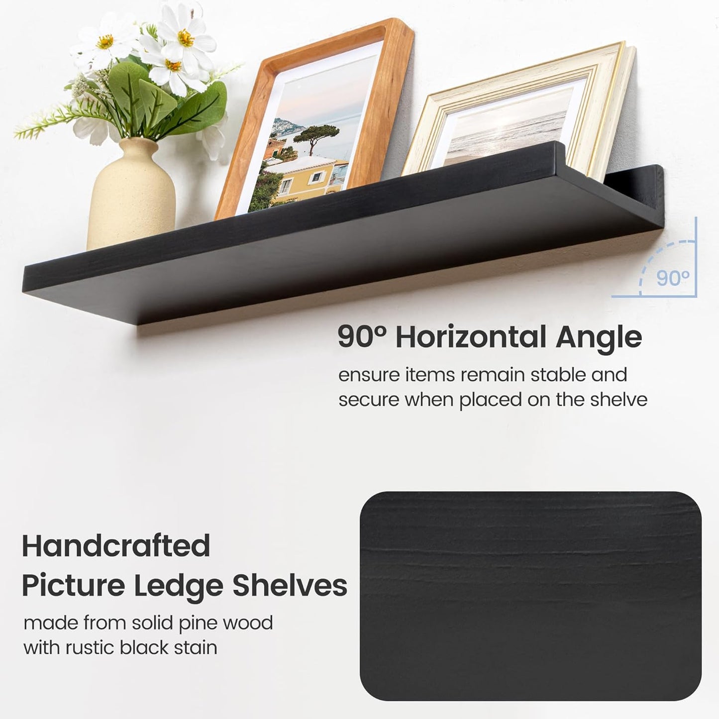 Picture Ledge Shelf for Wall, 16 inch Solid Pine Wood Nursery Book Shelves 2 Packs, Floating Ledge Shelves for Kids' Room Bedroom Bathroom Living Room Photo Frames Office Nursey Wall Decor, Black