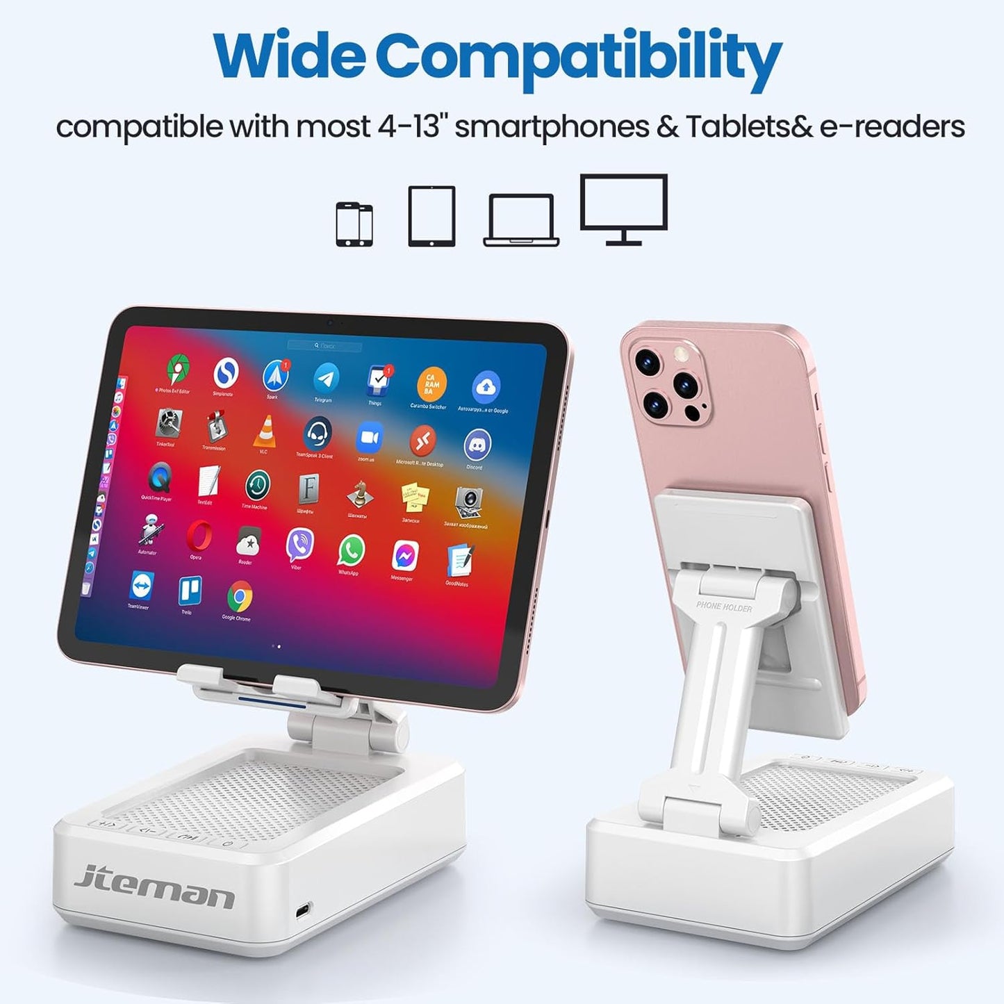 JTEMAN Portable Phone Stand with Speaker Bluetooth Wireless,Gifts for Men Women,Birthday for Women,Kitchen Gadgets for Men,Phone Holder for Desk - White